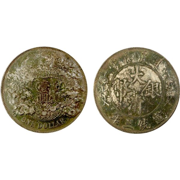 CHINA: Hsuan Tung, 1909-1911, AR dollar, year 3 (1911), PCGS VF details