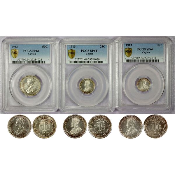 CEYLON: George V, 1911-1936, SPECIMEN SET of 3 coins, 1913