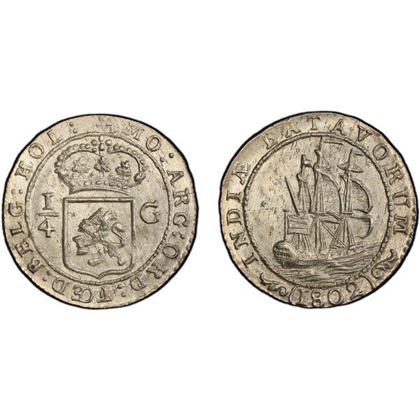 NETHERLANDS EAST INDIES: Batavian Republic, AR ¼ gulden, Enkhuizen Mint, 1802, PCGS MS64