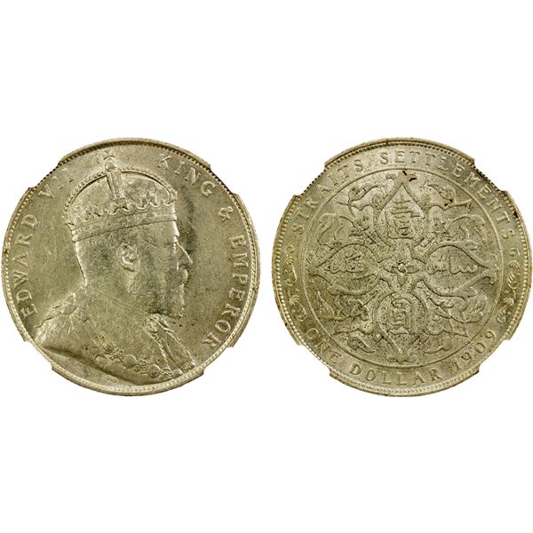 STRAITS SETTLEMENTS: Edward VII, 1901-1910, AR dollar, 1909, NGC AU58