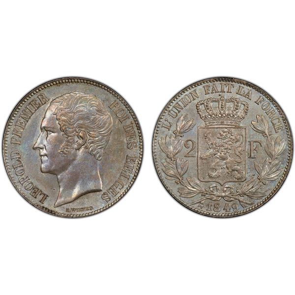 BELGIUM: Leopold I, 1831-1865, AR 2 francs, Brussels, 1849, PCGS UNC details