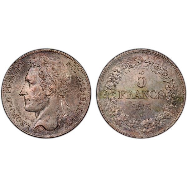 BELGIUM: Leopold I, 1831-1865, AR 5 francs, 1848, PCGS AU58