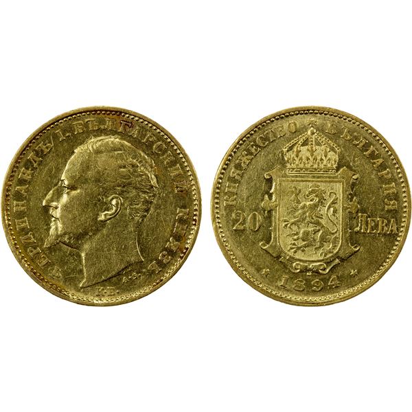 BULGARIA: Ferdinand I, as Prince, 1887-1908, AV 20 leva, 1894-KB, EF