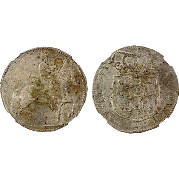 DENMARK: Christian V, 1670-1699, AR 2 krone (8 mark) (39.03g), 1675, NGC AU55