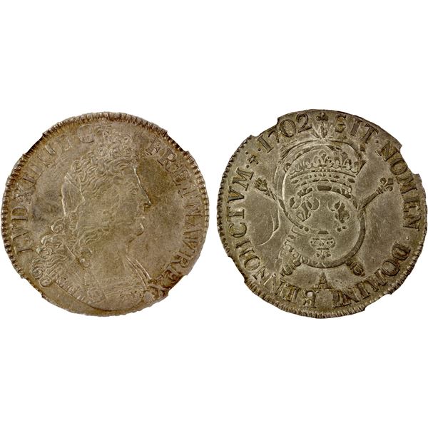 FRANCE: Louis XIV, 1643-1715, AR écu, Paris, 1702A, NGC AU50