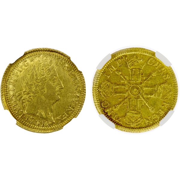 FRANCE: Louis XIV, 1643-1715, AV louis d'or 8 L et aux insignes, Riom, 1701-O, NGC AU58