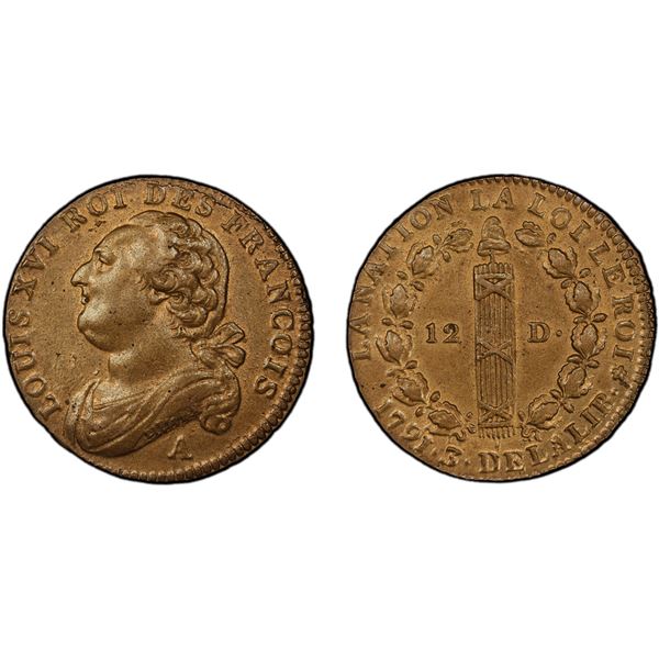 FRANCE: First Republic, AE 12 deniers, Paris, 1791-A, PCGS MS64