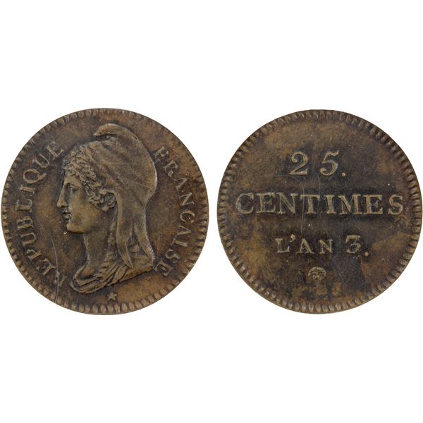 FRANCE: Convention, AE 25 centimes, L'AN 3 (1794-5), NGC AU58