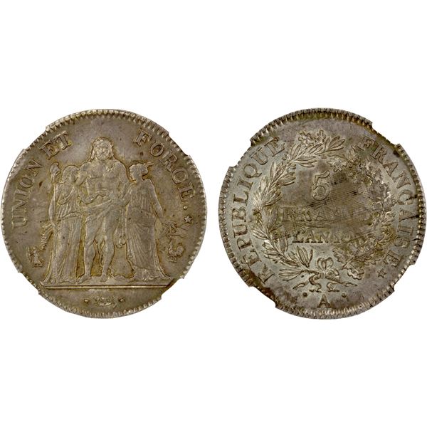 FRANCE: Consulship, AR 5 francs, Paris, l'an 10-A (1801-2), NGC MS62