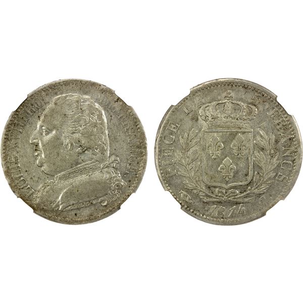 FRANCE: Louis XVIII, 1814-1815, 1815-1824, AR 5 francs, Limoges, 1814-I, NGC AU50