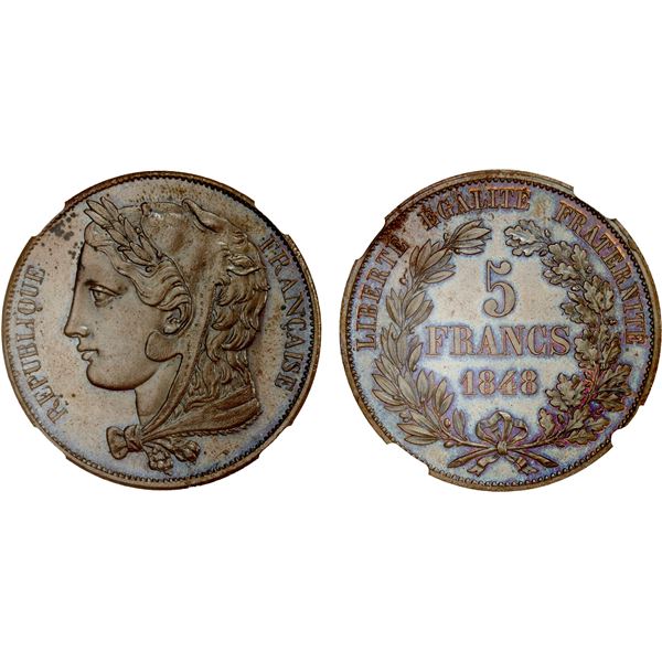 FRANCE: Second Republic, AE 5 francs, 1848, NGC MS63 BN