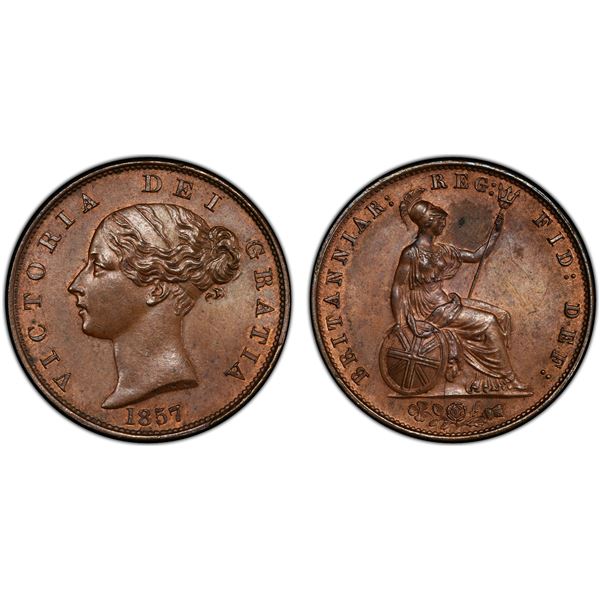 GREAT BRITAIN: Victoria, 1837-1901, AE halfpenny, 1857, PCGS MS64 BN