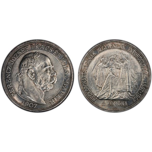 HUNGARY: Franz Joseph I, 1848-1916, AR 5 korona, 1907-KB, PCGS MS64