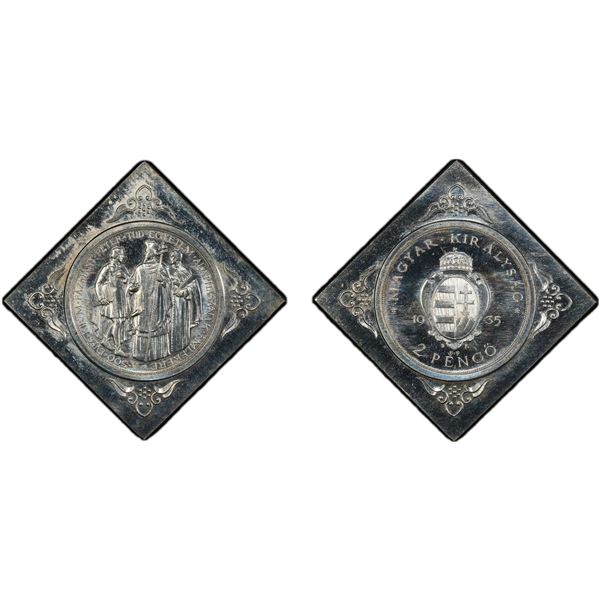 HUNGARY: Miklós Horthy, regent, 1920-1944, klippe AR 2 pengo, 1935, PCGS Proof 65 CAM