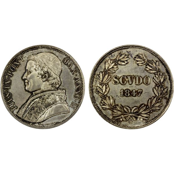 PAPAL STATES: Pius IX, 1846-1878, AR scudo (9.05g), 1847-R, EF-AU