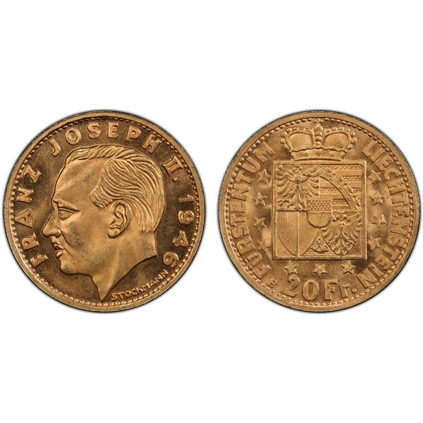 LIECHTENSTEIN: Franz Josef II, 1938-1989, AV 20 franken, 1946-B, PCGS MS65