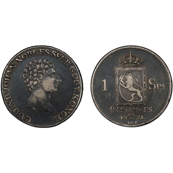 NORWAY: Carl XIV Johan, 1818-1844, AR speciedaler, 1821, PCGS XF45