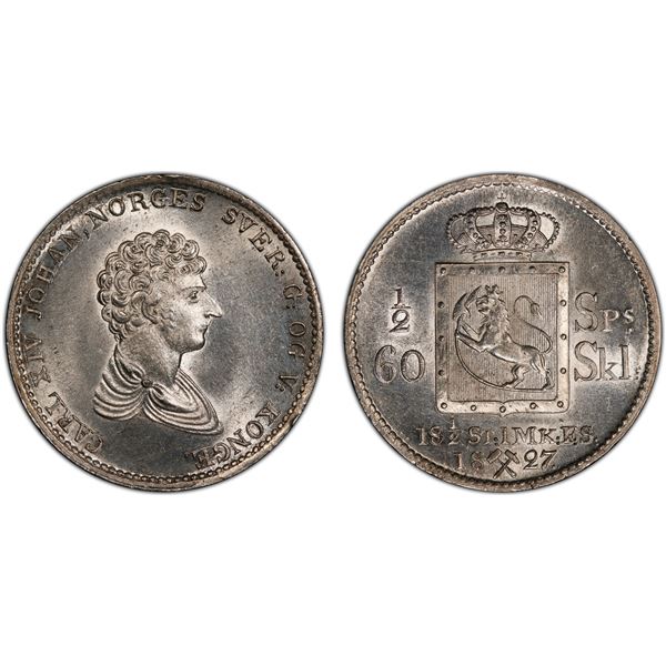 NORWAY: Carl XIV Johan, 1818-1844, AR ½ speciedaler (60 skilling), 1827, PCGS MS64