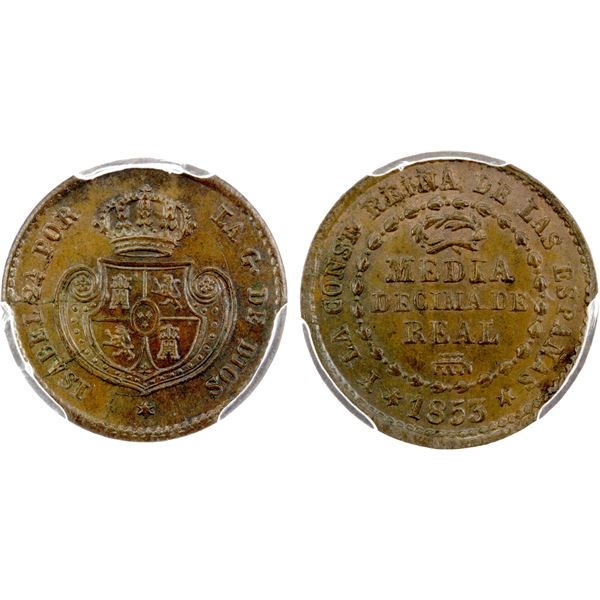 SPAIN: Isabel II, 1833-1868, AE ½ decima de real, Segovia, 1853, PCGS MS65 BN