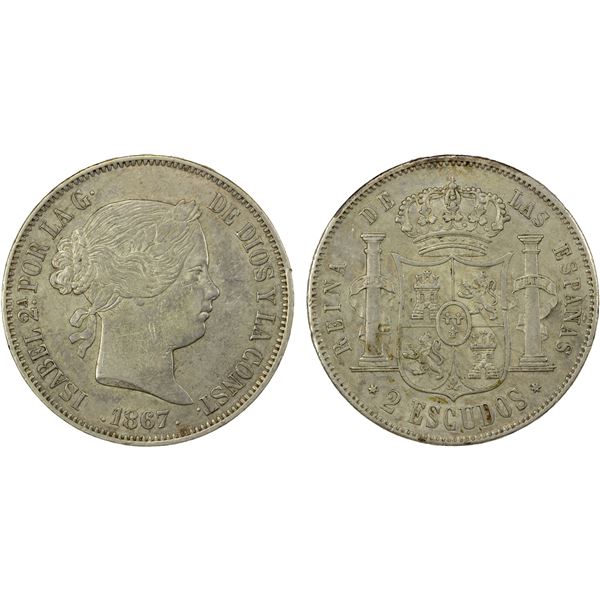 SPAIN: Isabel II, 1833-1868, AR 2 escudos, 1867, EF