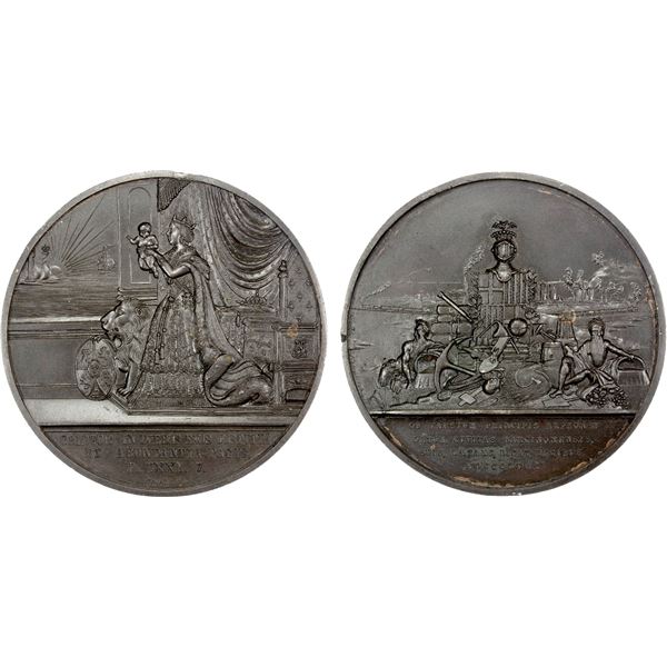 SPAIN: Isabel II, 1833-1868, AE medal (186.0g), 1857, Choice AU