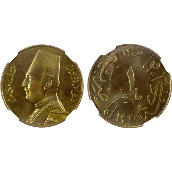 EGYPT: Fuad I, as King, 1922-1936, AE millieme, 1935/AH1354-H, NGC Specimen 65 RB