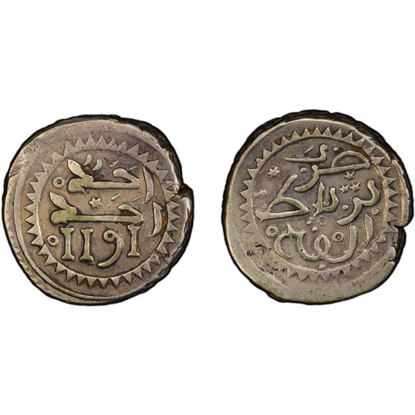 MOROCCO: Muhammad III, 1757-1790, AR 10 dirhams (mithqal) (28.36g), Rabat al-Fath, AH1191, PCGS VF d