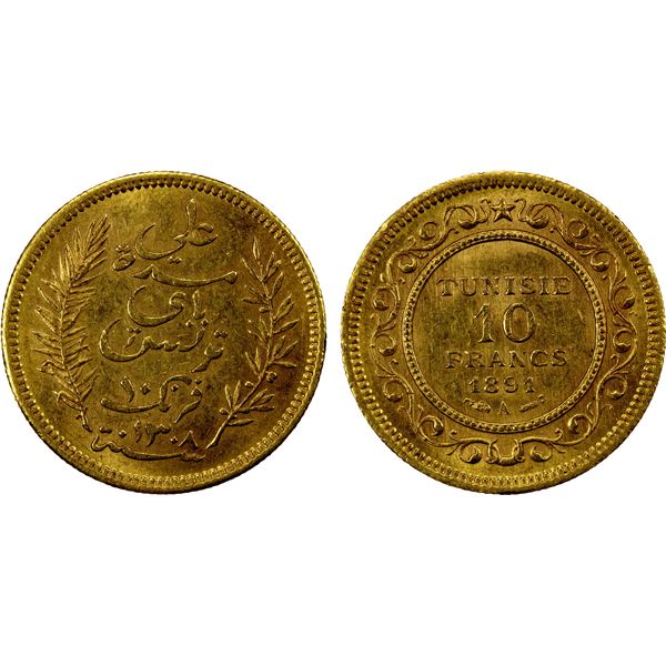 TUNISIA: Ali Bey, 1882-1902, AV 10 francs, 1891-A//AH1308, Unc