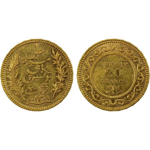 TUNISIA: Ali Bey, 1882-1902, AV 20 francs, 1891-A//AH1308, AU