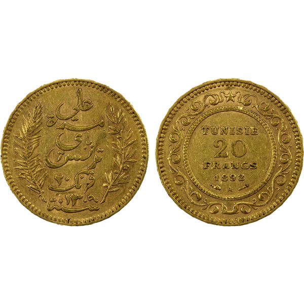 TUNISIA: Ali Bey, 1882-1902, AV 20 francs, 1892-A//AH1309, AU
