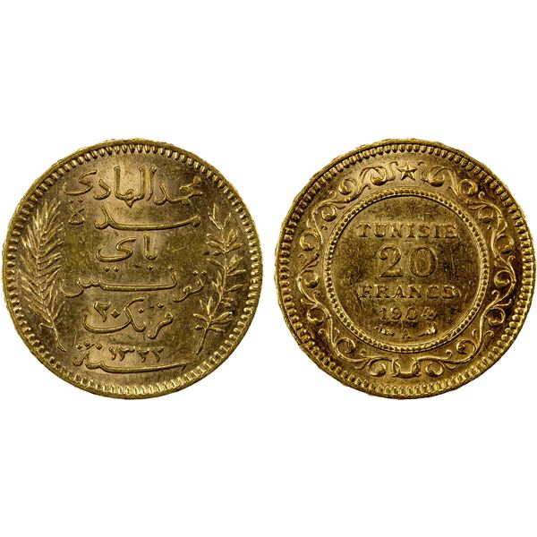 TUNISIA: Muhammad al-Hadi Bey, 1902-1906, AV 20 francs, 1904-A//AH1322, Unc