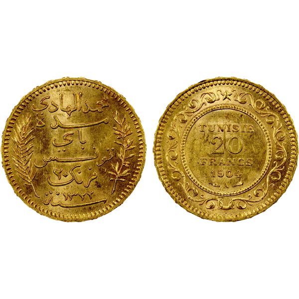 TUNISIA: Muhammad al-Hadi Bey, 1902-1906, AV 20 francs, 1904-A//AH1322, Unc