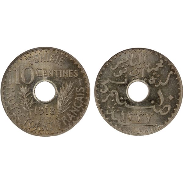 TUNISIA: Muhammad al-Nasir Bey, 1906-1922, 10 centimes, 1918/AH1337, NGC Specimen 65