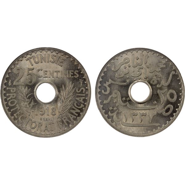 TUNISIA: Muhammad al-Nasir Bey, 1906-1922, 25 centimes, 1918/AH1337, NGC Specimen 65