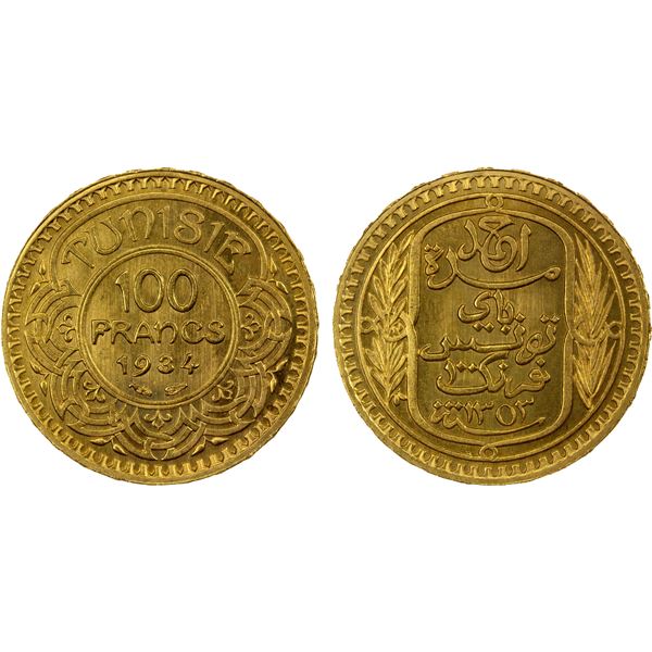 TUNISIA: Ahmad Bey, 1929-1942, AV 100 francs, Paris, 1934//AH1353, prooflike Brilliant Unc