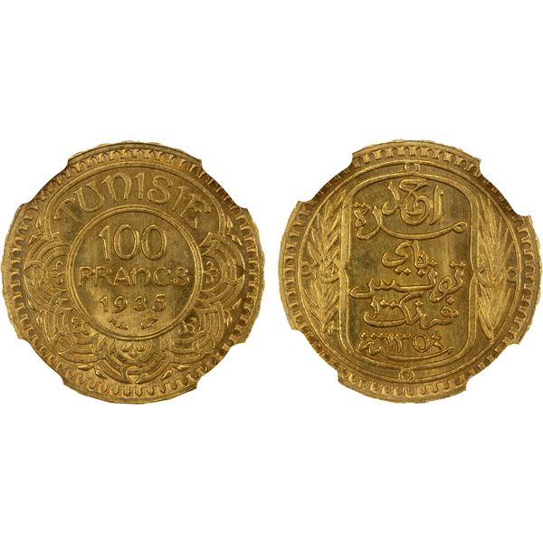 TUNISIA: Ahmad Bey, 1929-1942, AV 100 francs (Paris), 1935//AH1354, NGC MS65