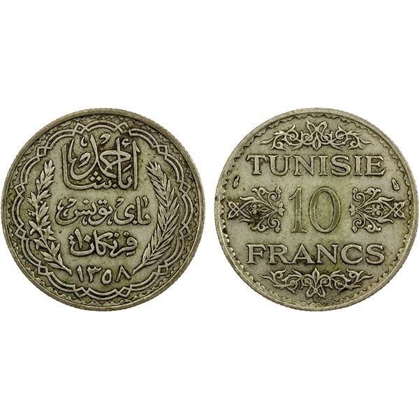 TUNISIA: Ahmad Bey, 1929-1942, AR 10 francs, AH1358, VF-EF