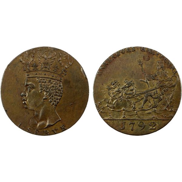 BARBADOS: George III, 1760-1820, AE halfpenny (6.57g), 1792, EF