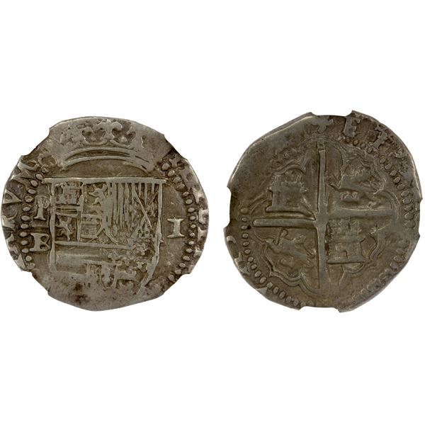 BOLIVIA: Felipe II, 1556-1598, AR cob real (3.34g), Potosí, ND (1578-95)-P, NGC XF45