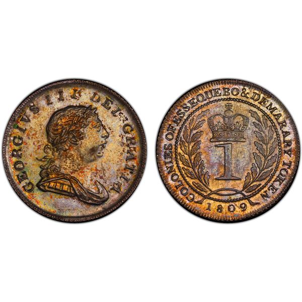 BRITISH GUIANA: ESSEQUIBO & DEMERARY: George III, 1760-1820, AR guilder, 1809, PCGS MS64