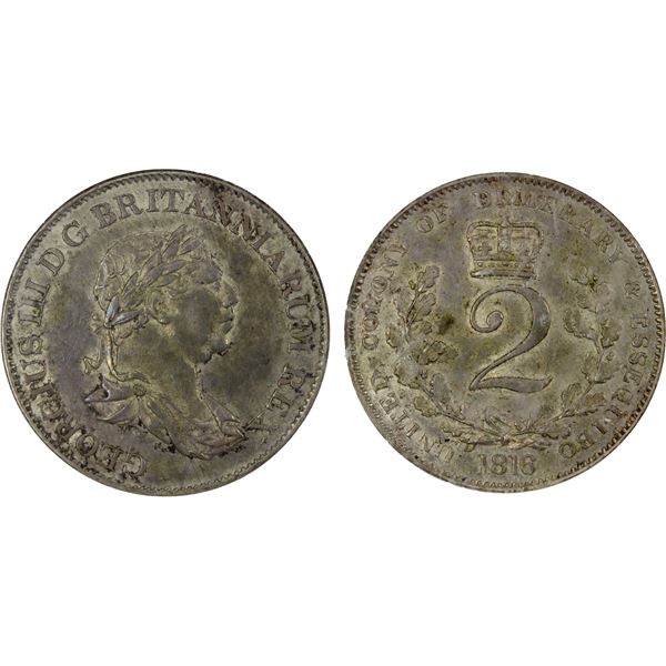 BRITISH GUIANA: ESSEQUIBO & DEMERARY: George III, 1760-1820, AR 2 guilder, 1816, NGC AU55