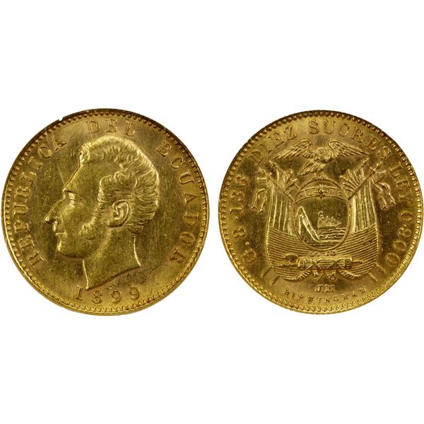 ECUADOR: AV 10 sucres, Birmingham, 1899, NGC AU58