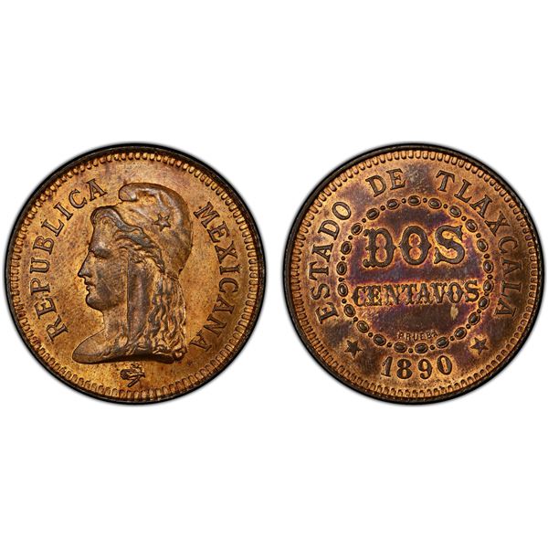 MEXICO: Republic, AE 2 centavos, Tlaxcala State, 1890, PCGS Specimen 64 RB