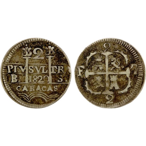 VENEZUELA: Fernando VII, 1808-1821, AR 2 reales, Caracas, 1820, VF