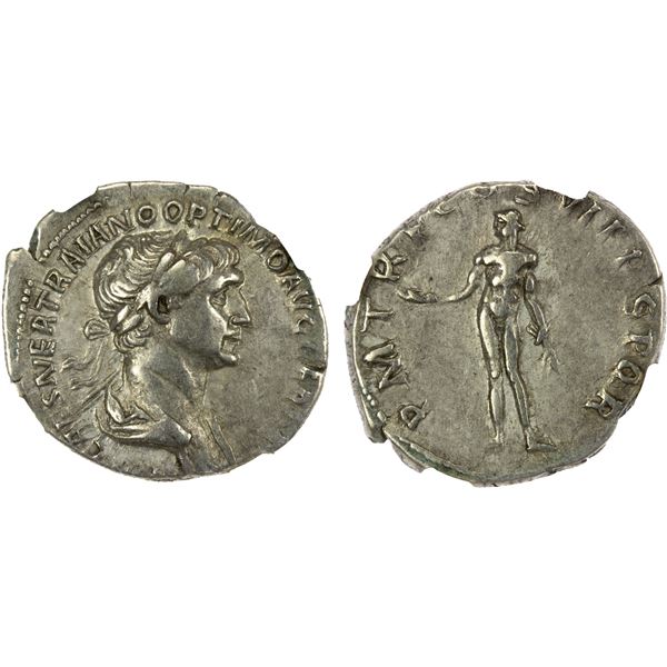 ROMAN EMPIRE: Trajan, 98-117 AD, AR denarius, Rome, 114-117 AD, NGC XF (Fine Style)