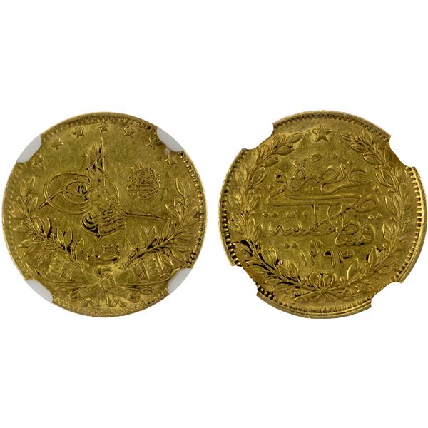 TURKEY: Abdul Hamid II, 1878-1909, AV 50 kurush, Kostantiniye, AH1293 year 34, NGC AU55