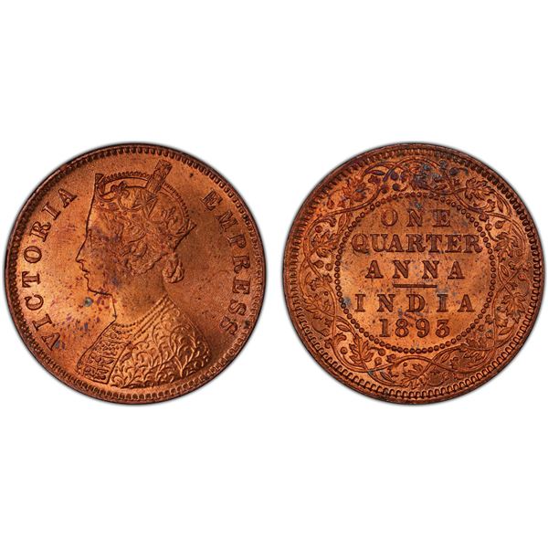 BRITISH INDIA: Victoria, Empress, 1876-1901, AE ¼ anna, 1893(c), PCGS MS65 RD