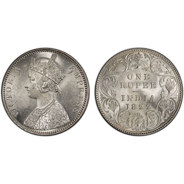 BRITISH INDIA: Victoria, Empress, 1876-1901, AR rupee, 1892-B, PCGS MS62