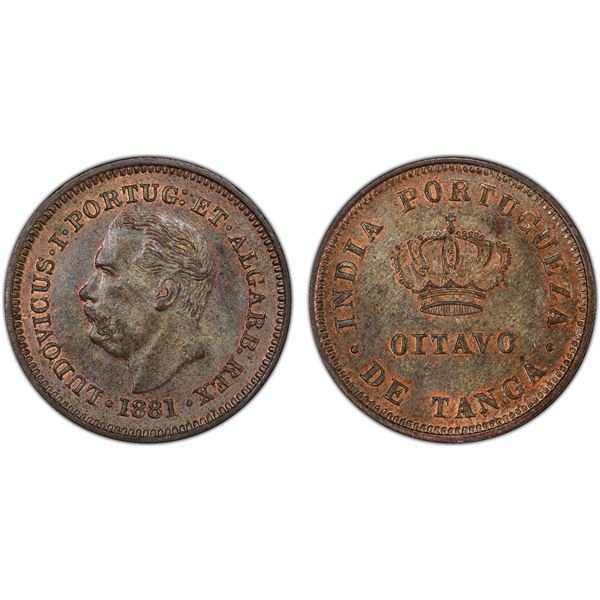 PORTUGUESE INDIA: Luiz I, 1861-1889, AE 1/8 tanga, 1881, PCGS MS62 BN
