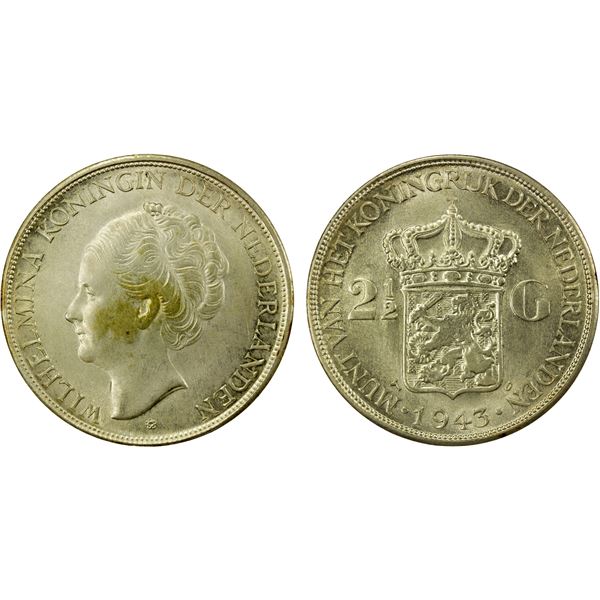 NETHERLANDS EAST INDIES: Wilhelmina, 1890-1945, AR 2½ gulden, 1943-D, Unc